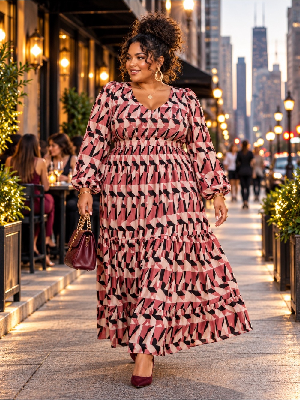 City Chic NWT Pink Geometric Pattern Long Sleeve Maxi Dress Size 22